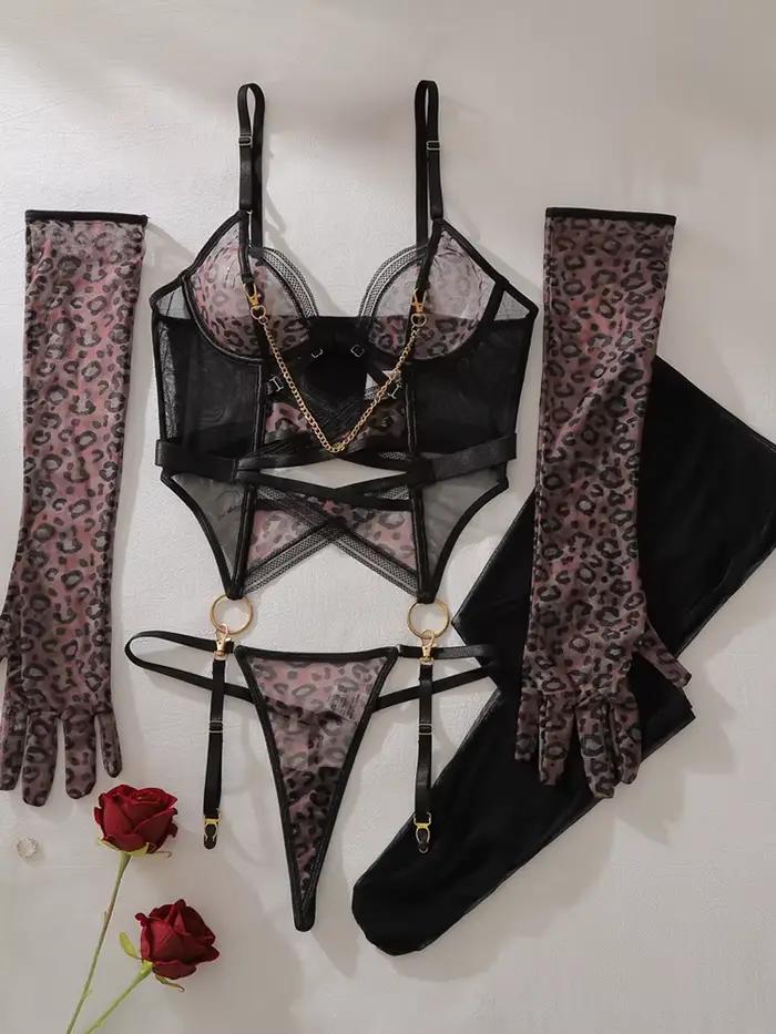 Ensemble de lingerie sexy transparente motif léopard avec gants en maille élégants, tenue de nuit sc