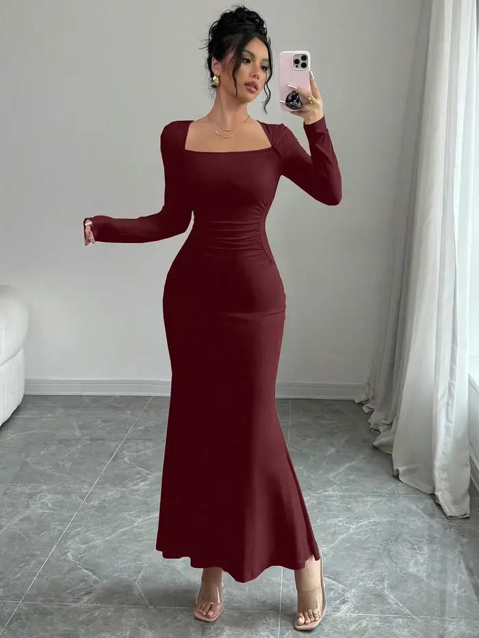 Robe quatre saisons pour femmes, nouveau Style, tempérament élégant, rétro, couleur unie, col carré,