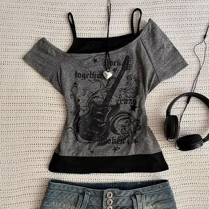Y2k Slim Fit imprimé hauts femmes épaules dénudées à manches courtes t-shirt Neploe américain Vintag