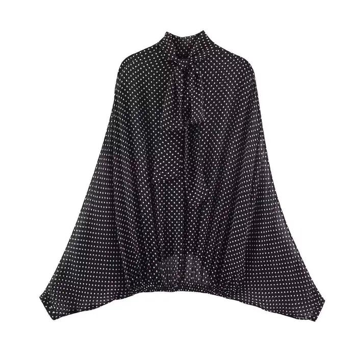 Ensemble deux pièces Streetwear pour femmes, chemisier à pois avec nœud papillon, jupe longue, chemi