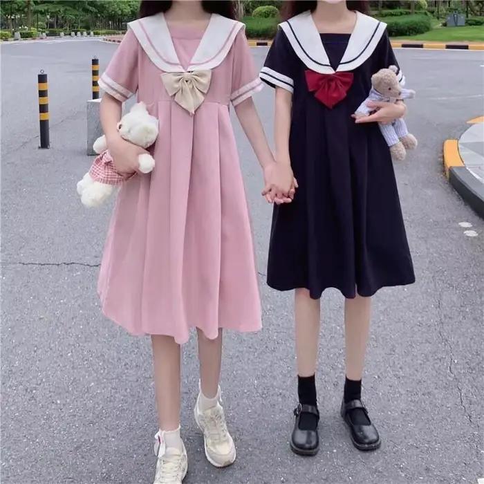 Robe d'été Style Preppy Jk, col marin, Boudoir, avec nœud, manches courtes, pour étudiante, jolie ro