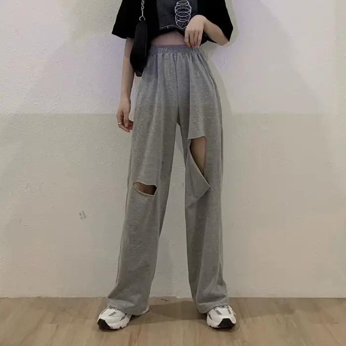 Pantalon Harajuku à jambes larges ajouré pour femmes, jogging, troué, Streetwear Chic, pantalon droi