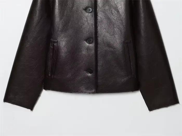 Veste femme 2025 automne/hiver nouveautés marron foncé à manches longues en simili cuir veste révers