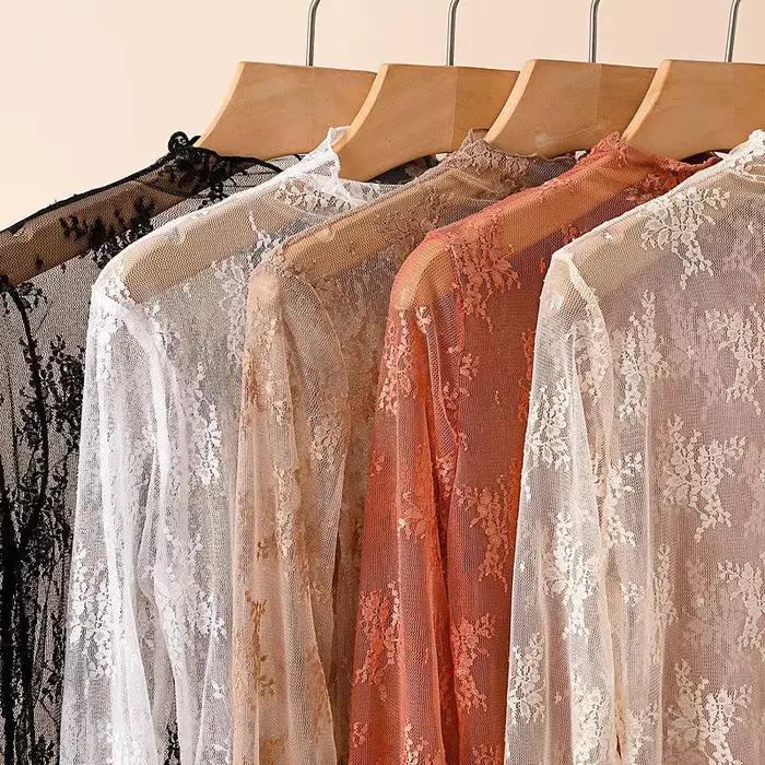 Chemisier à fond en dentelle pour femmes, T-shirt à manches longues en maille, haut court, Style étr