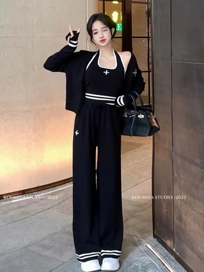 Streetwear tricoté ensemble 3 pièces pour femmes, Cardigan à manches longues manteau + Camisole + pa