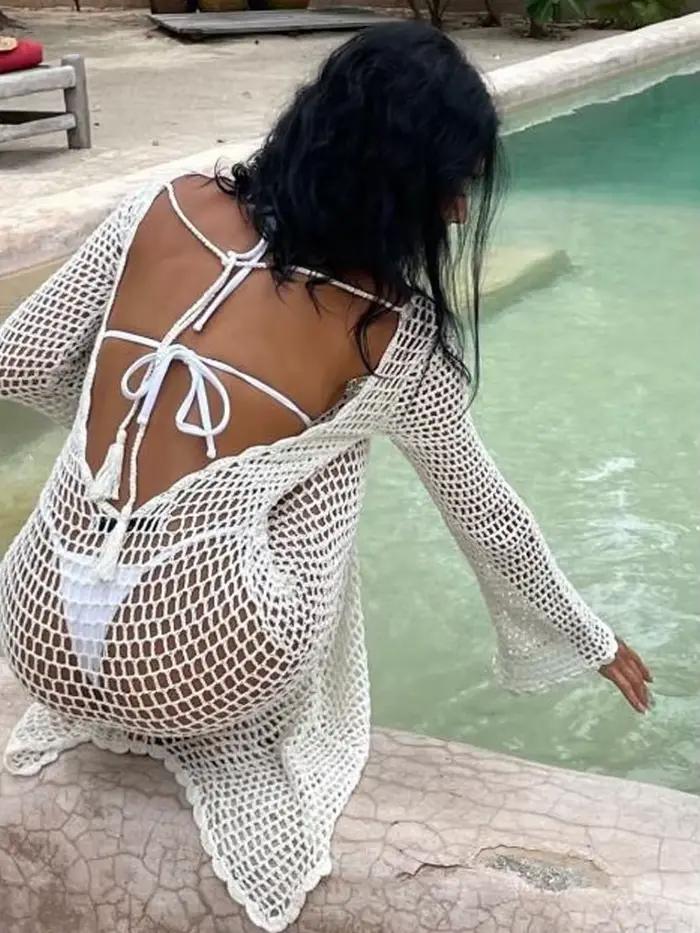 Robe de plage maxi à manches longues et col rond pour femmes, robes à lacets dos nu, robe de tempéra