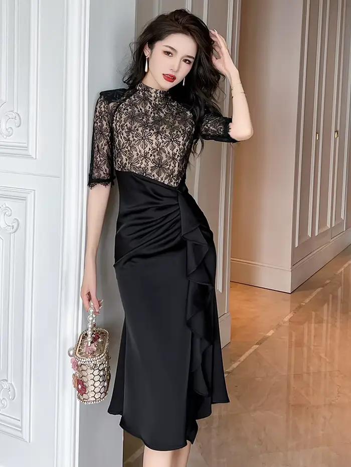 Robe mi-longue de Style rétro pour femmes, noire, dentelle transparente épissée, Satin, à volants, f