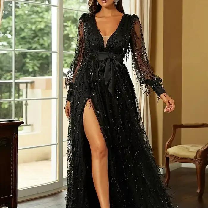 InjMesh Sequin Display Banquet fur s for Women, Robe de soirée, Robe longue, Noir, Élégant, Indépend