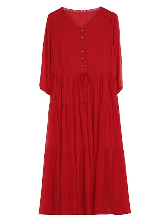 Robe mi-longue en soie rouge, Vintage, ample, élégante, moulante, robe de soirée, à bandes, décontra