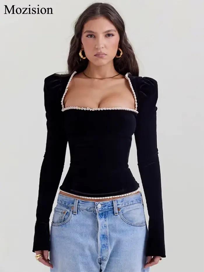 Mozision col carré dos nu pansement Sexy T-shirt femmes automne hiver nouveau noir épaulette manches