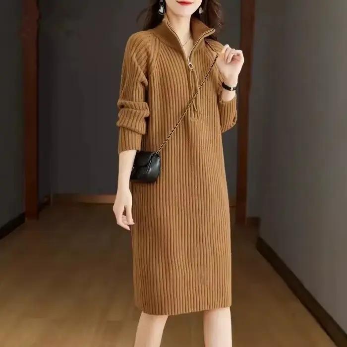 Robe à manches longues pour femmes, robe mi-longue, demi-fermeture éclair, monochromatique, grande r