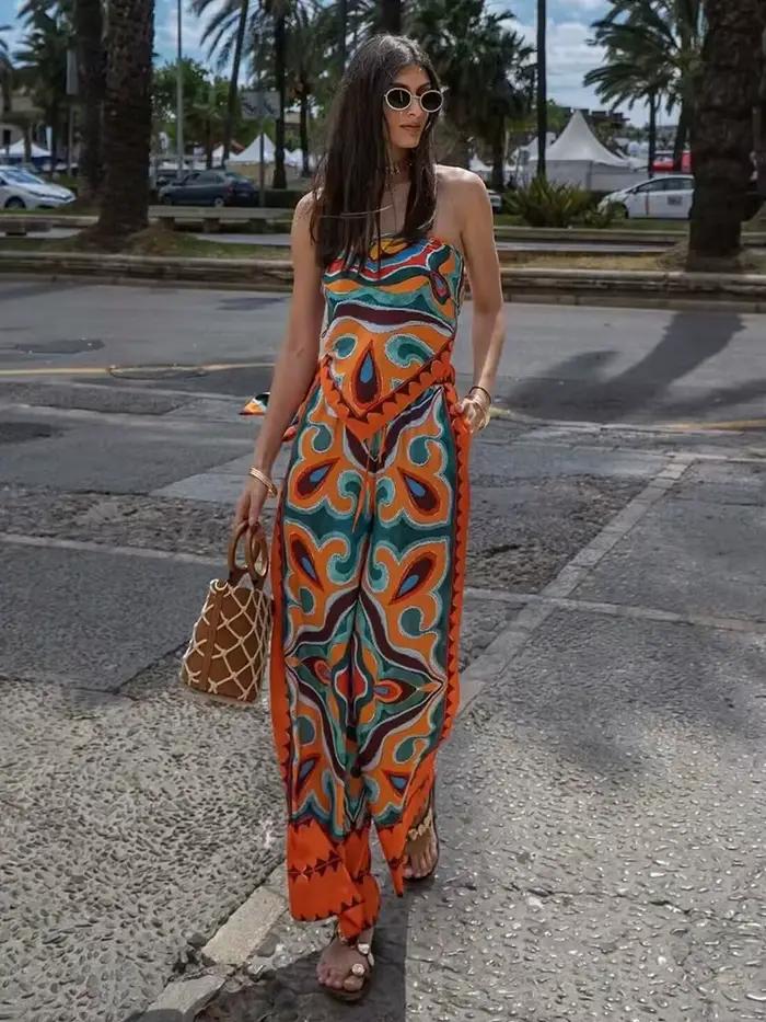 Ensemble deux pièces Vintage pour femmes, ample, style Boho, mode dames, pantalon en Satin, Chic, te