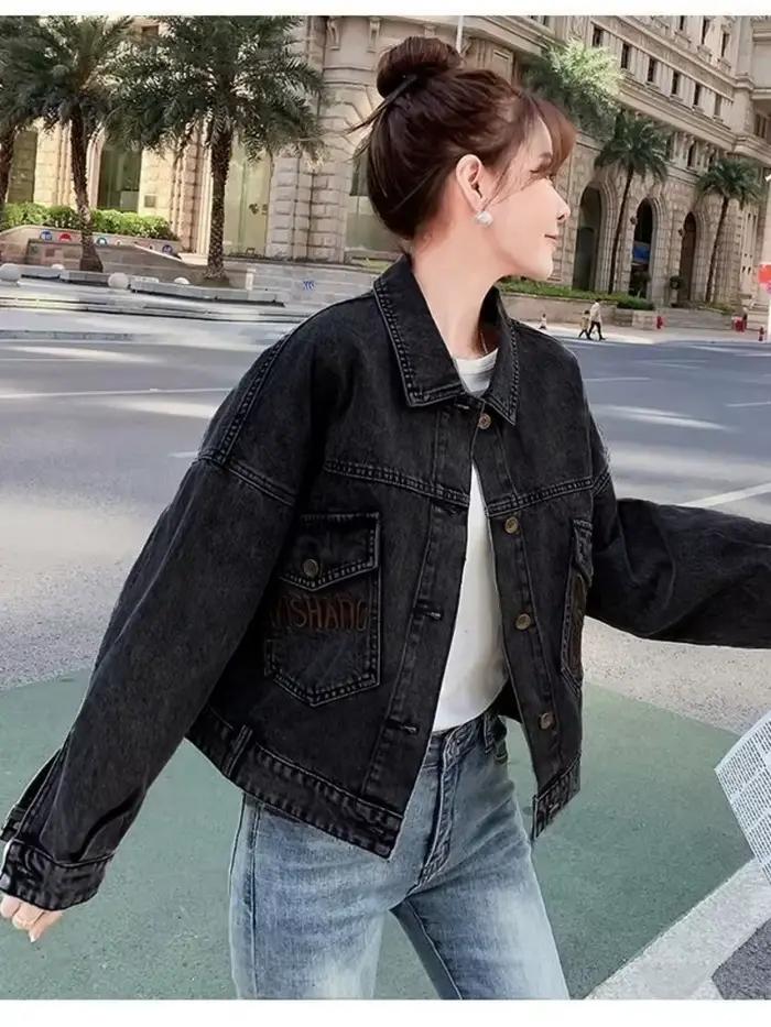 Veste en jean décontractée pour femme, papillon, fleur, lettre brodée, manteau en coton, bouton d'ex