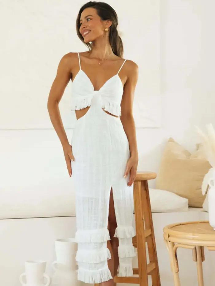 Robe longue en dentelle, couleur unie, col en V, Sexy, bretelles, sans manches, coupe, dos nu, trans
