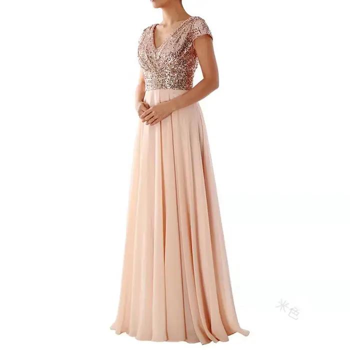 Robe longue à paillettes pour femmes, col rond, haut de rue, danse, mariage, Rhde promo, soirée, dem