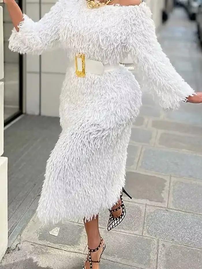 Robe de soirée d'hiver pour femme, manches longues, épaules dénudées, blanche, élégante, avec ceintu