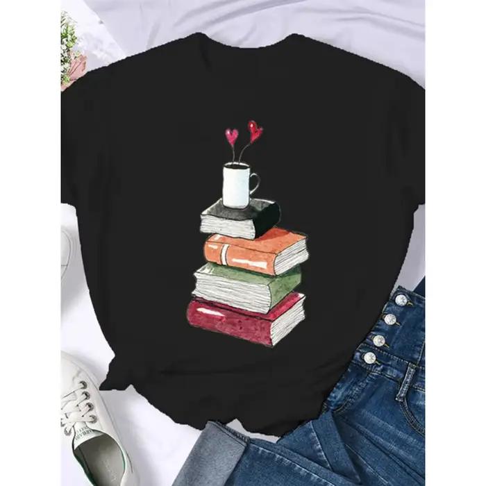 Café livres livres marron américain rétro T-shirt femme col rond demi manches T-shirt imprimé T-shir