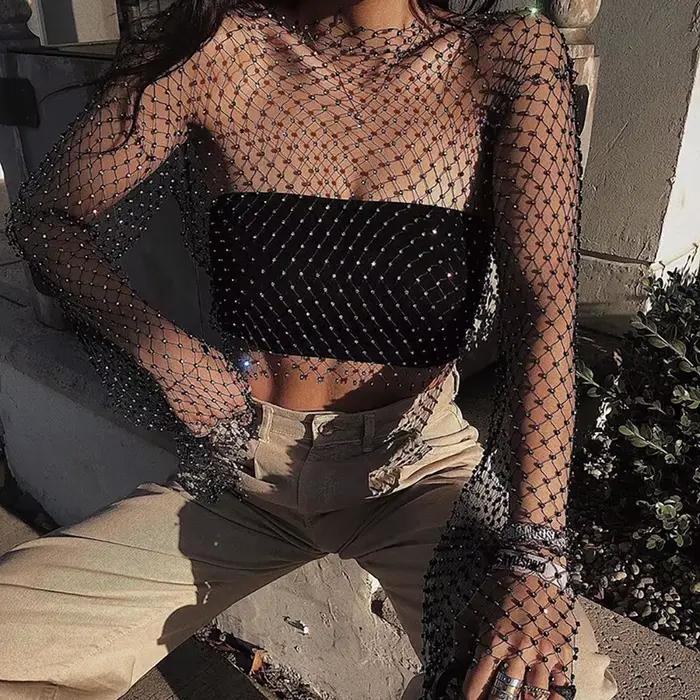 FestivalQueen-T-Shirt à Manches sulfpour Femme, Vêtement de Plage Sexy, Évidé, en Résille, avec Diam