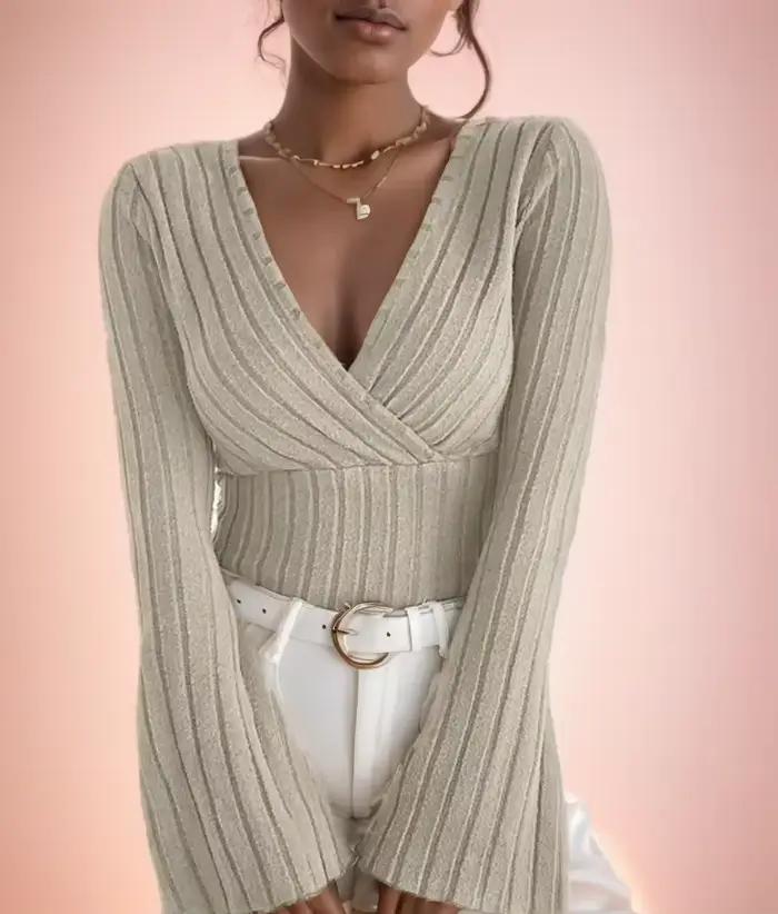 T-shirt à manches longues et col en V pour femmes, chemise slim rayée sexy, Y, automne et hiver