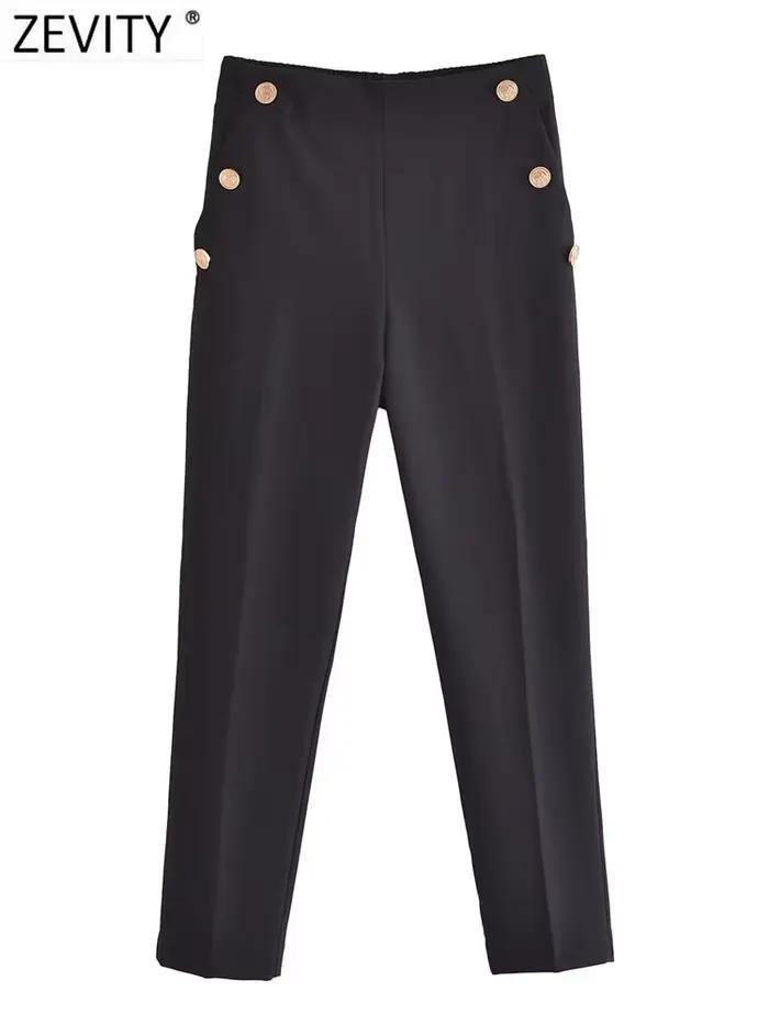 Zevity-Pantalon Crayon Décontracté pour Femme, Mode, Solide, Document, lèvent Dorés, Chic, Longueur 