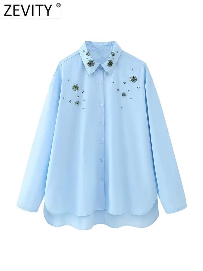 Zevity-Chemisier en Popeline à Manches sulfpour Femme, Broderie de Perles de Diamant, Chemise Décont