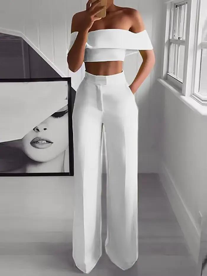 2025 été solide décontracté deux pièces ensemble femmes Sexy haut court jambe large pantalon tenues 