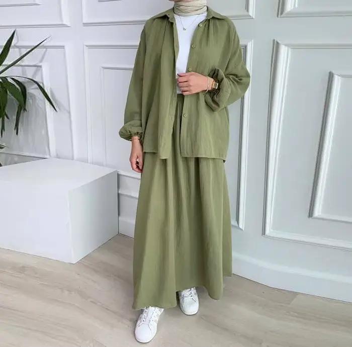Robe musulmane pour femme, ensemble deux pièces, tenue pour femme, manches bulles, chemise élégante,