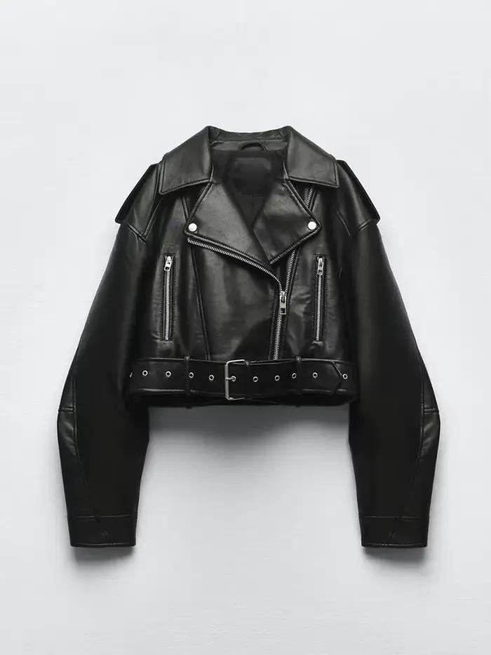 Ailegogo printemps automne femmes Faux cuir Pu veste courte avec ceinture moto motard femme fermetur
