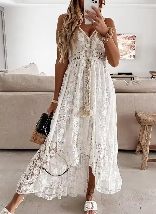 Robe en dentelle blanche pour femmes, glands à longues bretelles, col en V de plage, ajouré élégant 