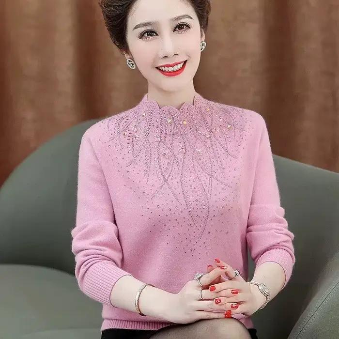 Pull en laine diamant pour femmes d'âge moyen, automne-hiver, pulls en peluche épais et chaud, robe 