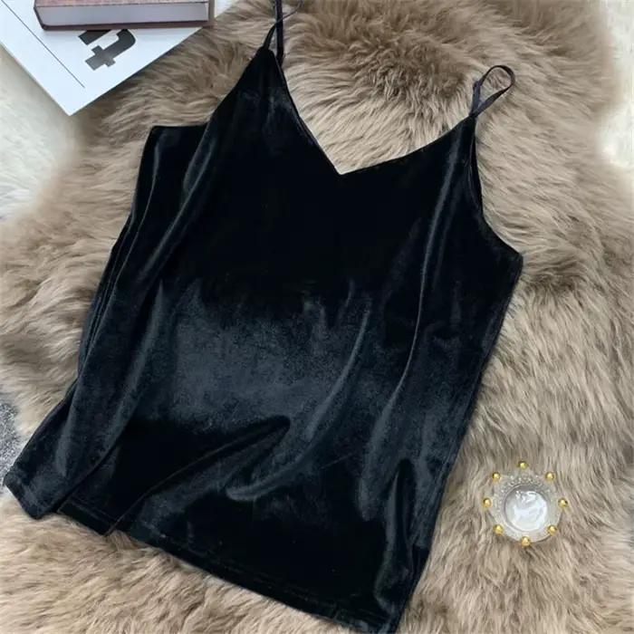 Blusa mujer moda mode sexy femmes velours débardeur haut court été coréen streetwear or velours cami