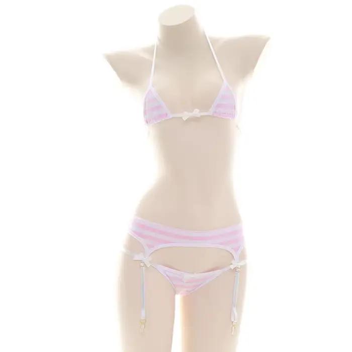 Soutien-gorge sexy Lolita pour femmes sous-vêtements Kawaii carnaval bleu rose blanc rayé mini bikin