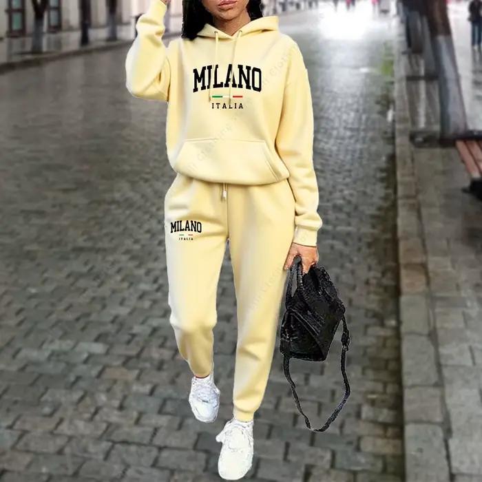 Ensemble 2 pièces pour femmes, sweat à capuche et pantalon, tenue de sport, lettre MILANO imprimée, 
