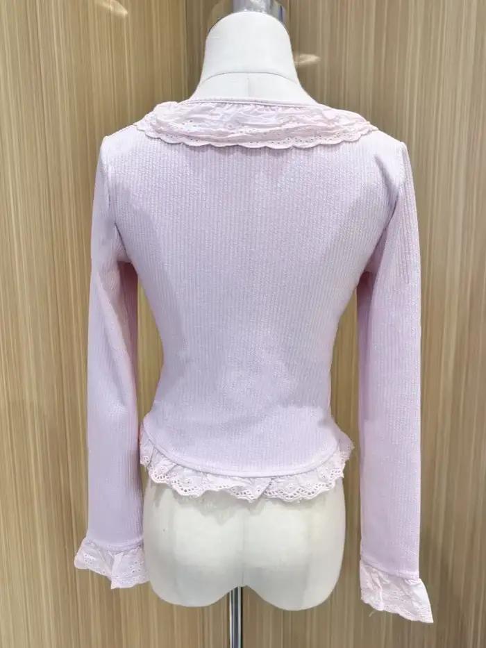 Chemisier Lolita en dentelle pour femme, tricot, coréen, élégant, manches longues, japonais, décontr