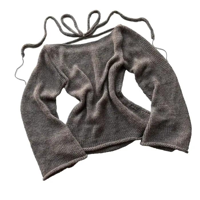 Mode femmes T-shirt cravate dos chandails à manches longues col bateau couleur unie tricot pull déco