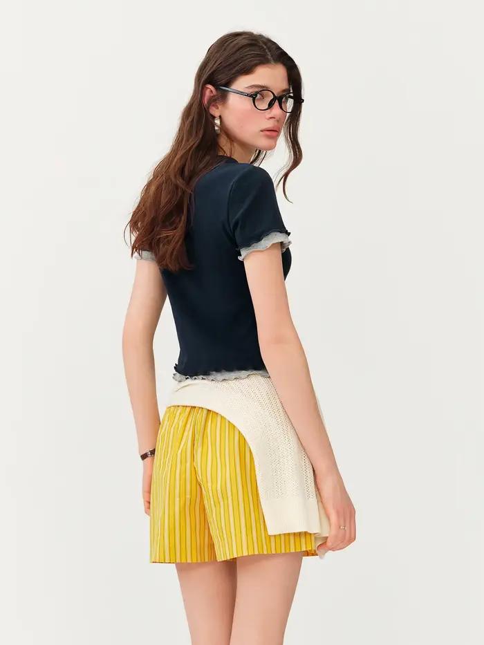 T-shirt à manches courtes en coton FSLE pour femme, effet deux pièces, couleur contrastante, style «
