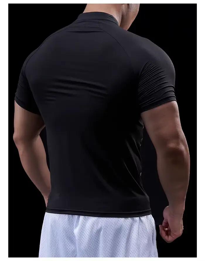 Hommes Compression course fermeture éclair polo t-shirt Fitness serré Sport t-shirt formation Joggin