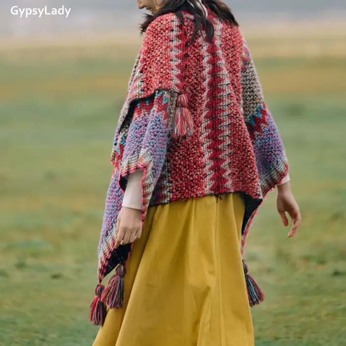 Pouvez-vous psyLady-Poncho Vintage Boho Everaks pour femme, Capes, Top, Floral, Pampilles, Chic, Rou