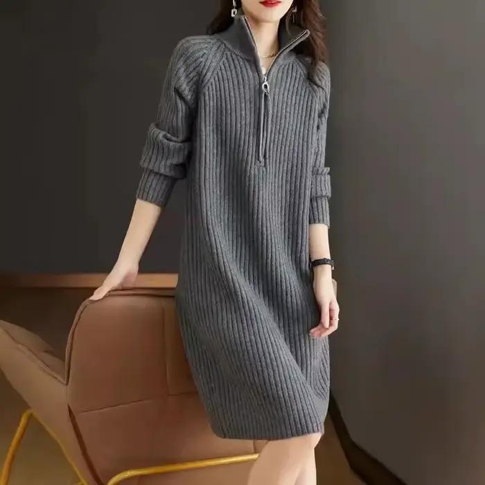 Robe à manches longues pour femmes, robe mi-longue, demi-fermeture éclair, monochromatique, grande r