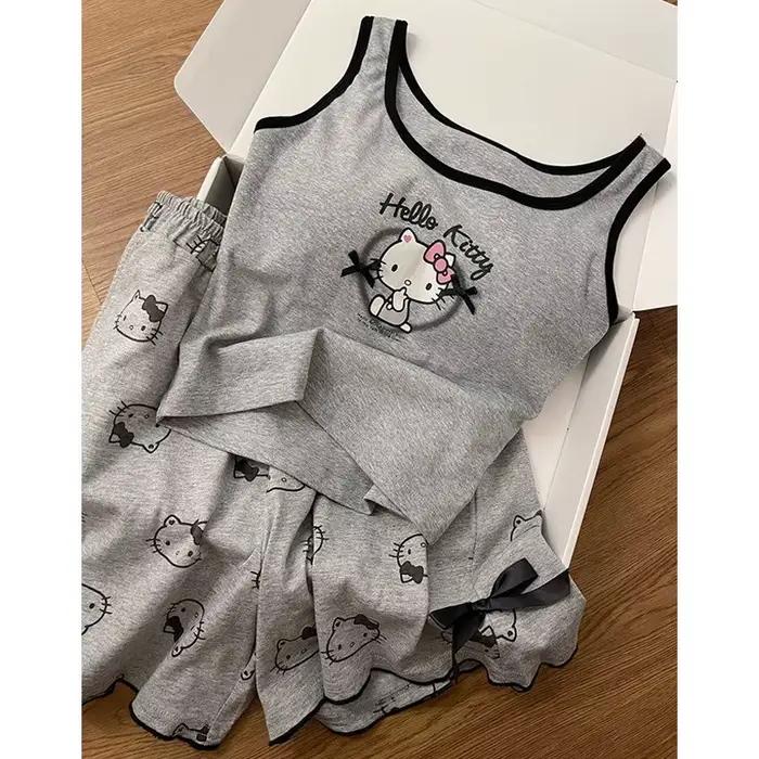Ensemble pyjama Kawaii Hello Kitty avec soutien-gorge intégré, short à bretelles mignon pour l'été, 