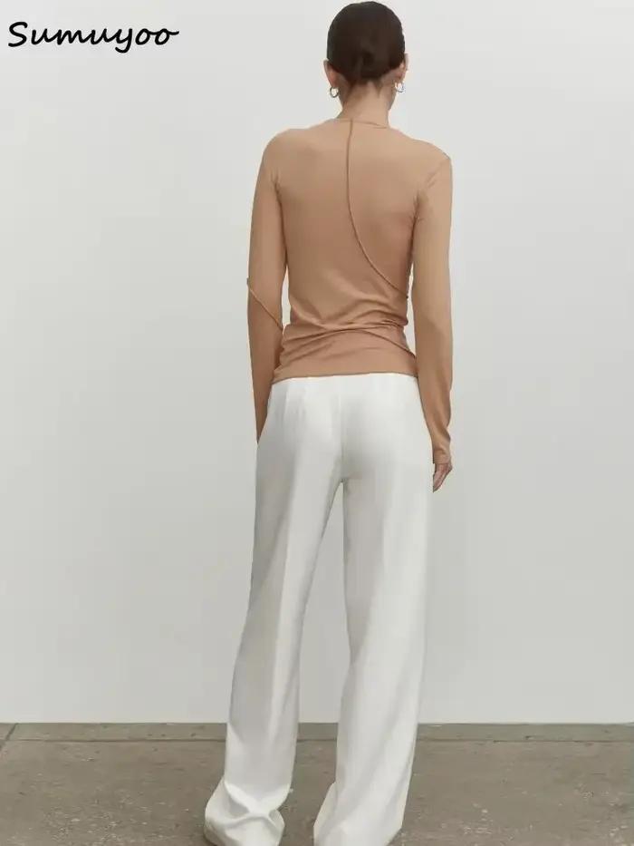 Summkoo-T-shirt Slim Fit à manches longues pour femmes, Économie Streetwear basiques, Demi-col roulé
