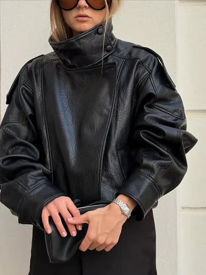 HH automne veste en simili cuir pour femmes décontracté solide fermeture éclair manches longues en c