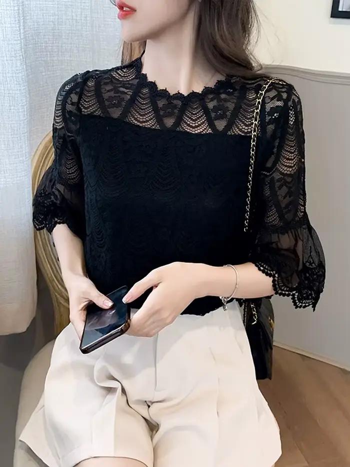 Chemisier en dentelle à fleurs avec doublure pour femme, chemise évidée, manches évasées, col rond, 