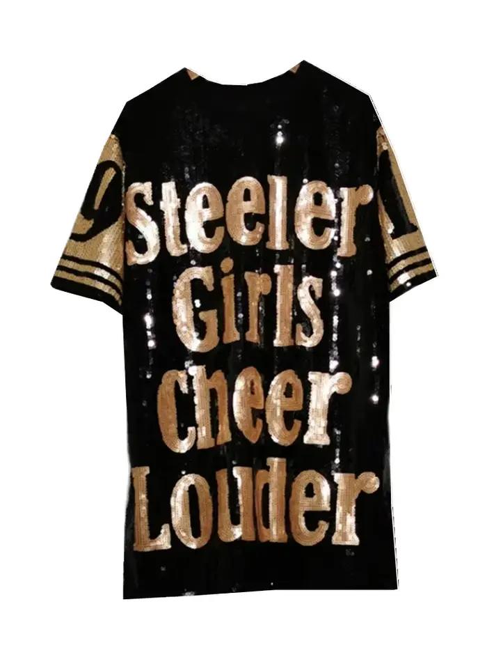 T-Shirt manches courtes pour femme, Chic Ins, lettres noires, Patchwork, paillettes, Jersey, fête, P