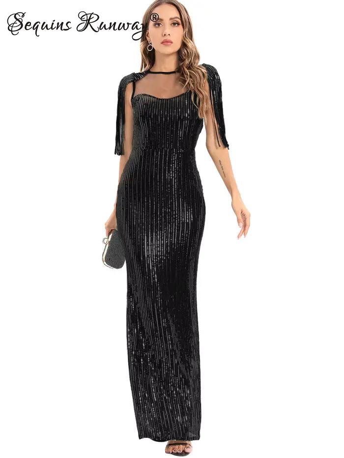 Robe d'été sexy transparente moulante à paillettes pour femmes 2026, robe maxi élégante pour fête d'
