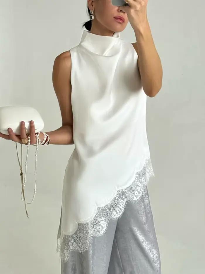 Robe Courte d'Été 2026 pour Femme en Satin à Col Montant, Silhouette Irrégulière, avec Bordure en De