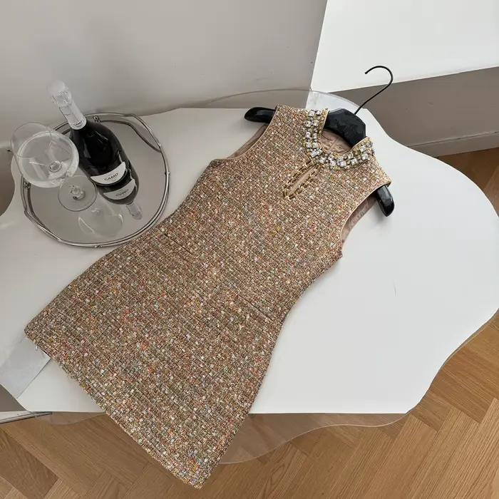 Mini robe de luxe en Tweed pour jeunes filles, couleur Vintage, douce, diamants, sans manches, tissa