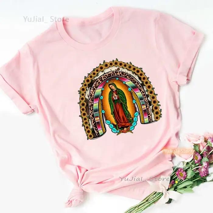 Léopard vierge marie Guadalup imprimer t-shirt filles mode d'été jésus rose t-shirt femmes Harajuku 