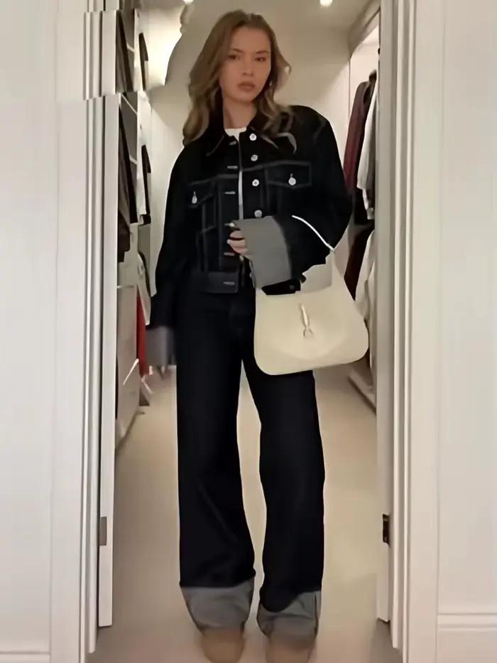 Pantalon en Denim taille haute pour femme, jambes larges + manches longues avec poches à rabat, mant