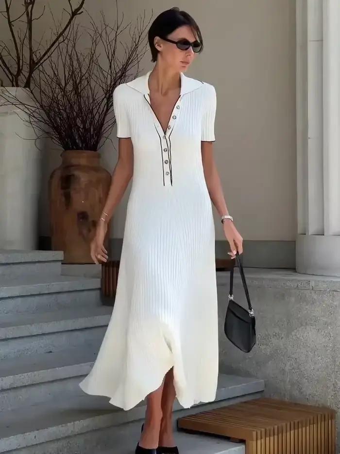Tossy blanc tricot mode robe Maxi pour les femmes à manches courtes Patchwork robe de soirée élégant